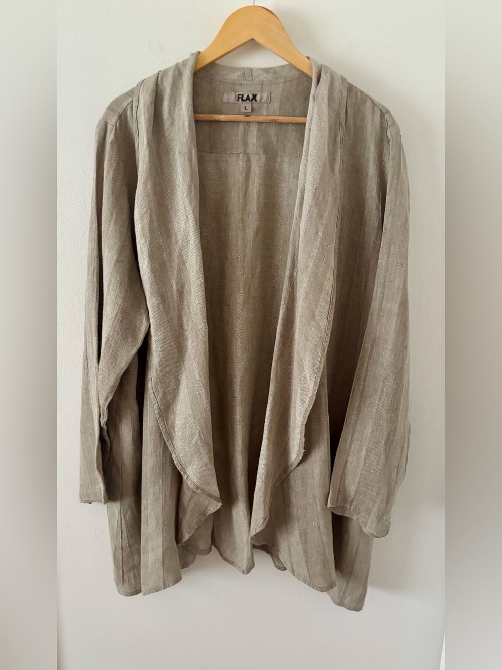 FLAX 100% Linen Open Front Draped Cardigan Jacket Lagenlook Size L Natural Taupe